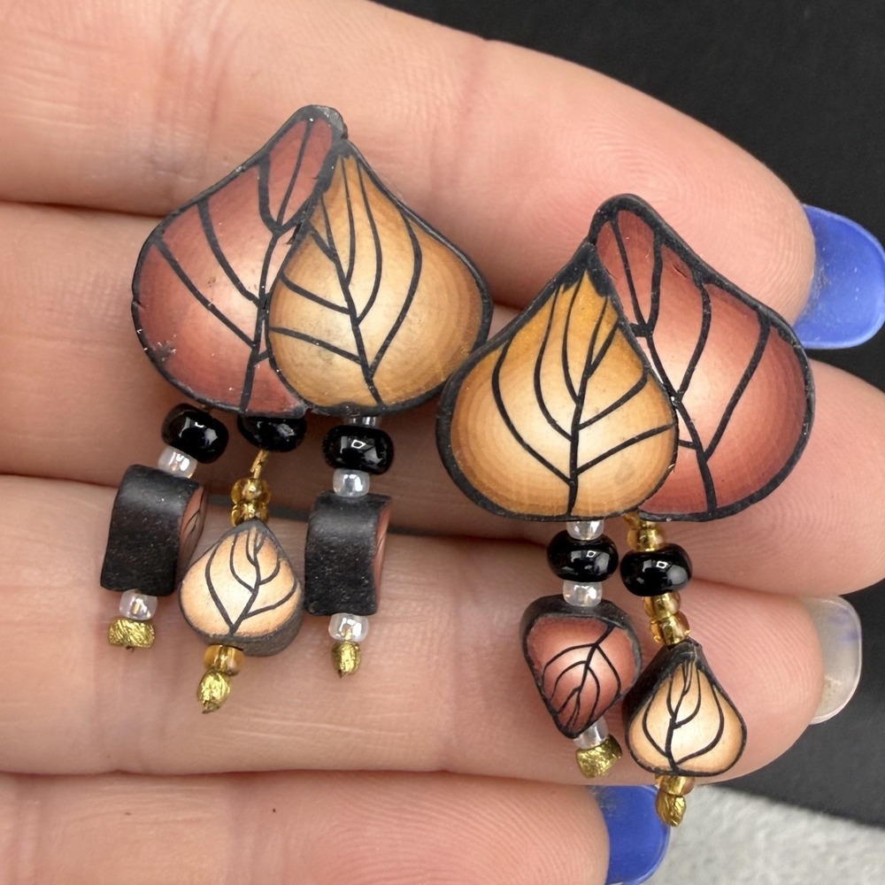 Vintage Pierced Leaf Earrings Polymer Clay